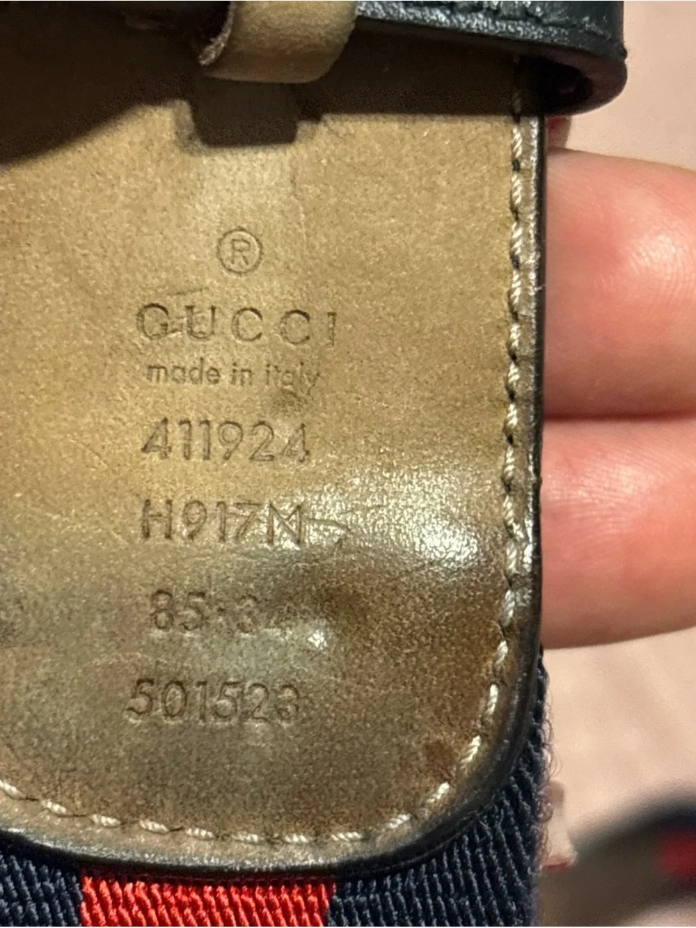 Gucci Navy and Red Web Stripe Leather Belt with Silver GG Buckle